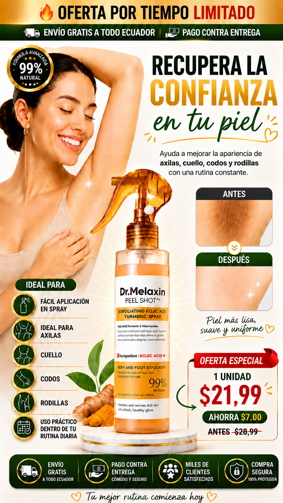 Aclara axilas, cuello, codos y rodillas.